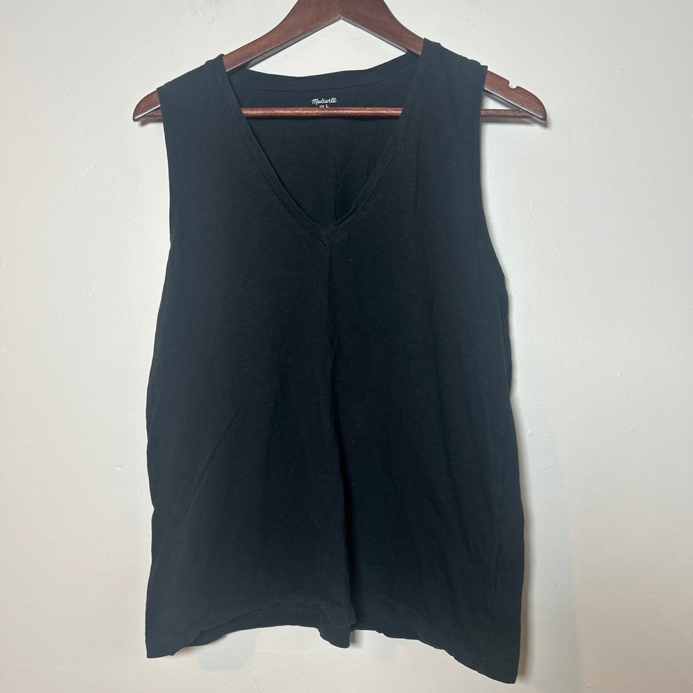 Madewell Muscle Tank Top Women Size L Black V-Neck Sleeveless Cotton Blend